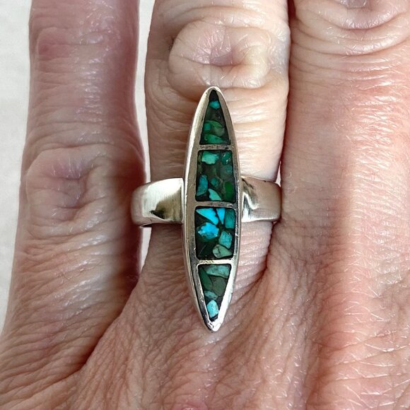 Sterling Silver 925 Southwest Style Elongated Turquoise Chip Inlay Ring Sz 5.5 - Picture 1 of 16